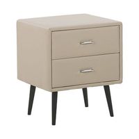 mesita de noche tapizada en piel sintetica beige con 2 cajones patas negras estilo minimalista moderno essonne