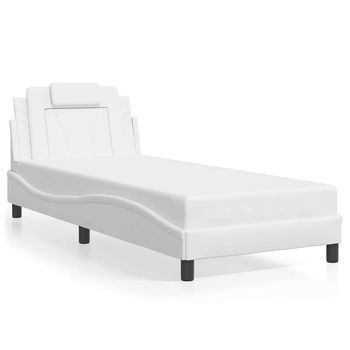 Cama Para Adulto | Cama Individual | Estructura De Cama Con Cabecero Cuero Sintético Blanco 90x200cm