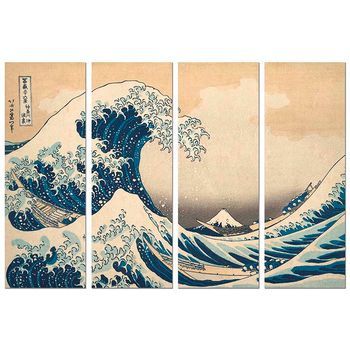 Panorama Cuadro De Aluminio Hokusai La Gran Ola De Kanagawa En 4 Piezas 100x70 Cm