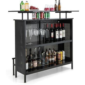 Mesa Alta De Bar, Armario De Metal Con 2 Estantes Para Vino Y 6 Soportes Para Copas Costway 120 X 50 X 106 Cm