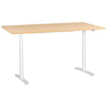 Escritorio De Altura Regulable Eléctrico Moderno Patas Redondas 180 X 72 Cm Tablero Marrón Claro Y Base Blanca Destinas