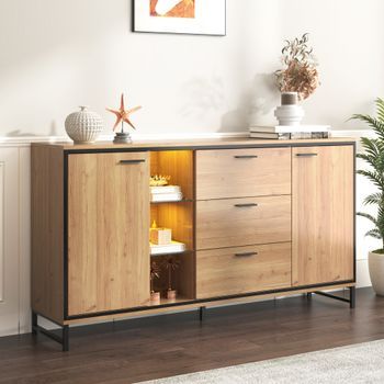 Aparador Con Tres Cajones - Mueble De Salón - Mdf Y Metal - Natural Y Negro (160x40x85cm)