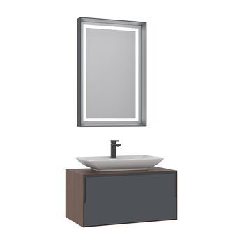 Conjunto De Mueble Con Lavabo Y Espejo (2 Piezas)  - 60 X 50 X 40 Cm - Nogal / Antracita / Blanco