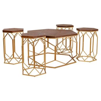 Set mesa de centro y 4 taburetes de metal dorado