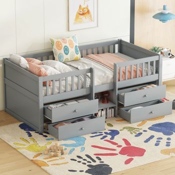 Cama Media Alta 90x200 Con 4 Cajones, Madera De Pino, Escalera Y Barrera, Gris