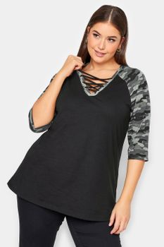 Yours Top Negro Mangas Camuflaje, Mujer Curvy Y Tallas Grandes, Yours