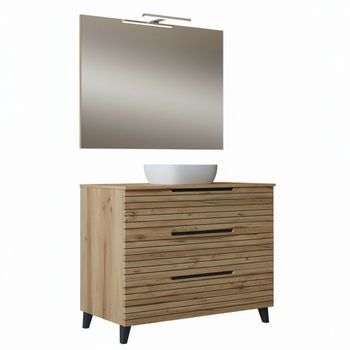 Kibath Mueble De Baño Con Lavabo, Espejo Y Aplique Led Ken 80x45 Cm Sobre Encimera Acabado Desierto Mate 3 Cajones Con Patas