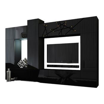 Conjunto De Muebles De Salón Negro Colgantes Colección Cepto Xxii. 273cm, 10 Muebles, Leds, Modulares.