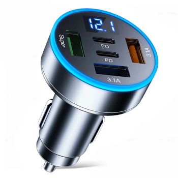 JMG 250W Adaptador de Cargador de Coche USB PD de 5 Puertos 3USB-A+2USB-C PD QC3.0 Carga Rápida con Pantalla Digital LED
