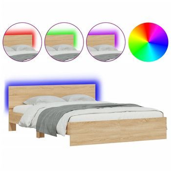 Cama Matrimonial | Cama Para Adultos | Estructura De Cama Cabecero Y Luces Led Roble Sonoma 160x200 Cm