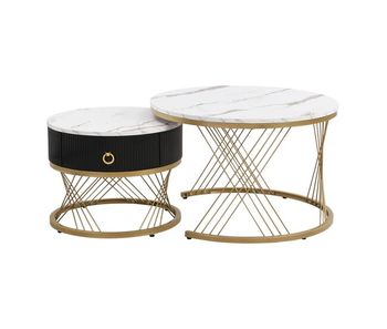 Mesa de centro apilable 2 piezas - marmoroptik, detalles dorados, con cajones