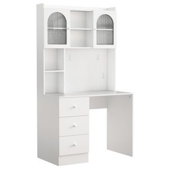 Escritorio Multifuncional Con Estantería 100x55x180cm, Mesa De Estudio Con Panel Perforado Y 3 Cajones, Mdf, Blanco