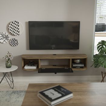 Mueble Tv Colgante | 1 Puerta|compartimentos  Abiertos|120 Cm | 2 Estantes |roble Oscuro Y Negro Ibarra