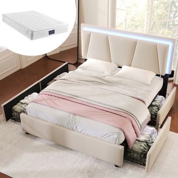 Cama Tapizada 140 X 200 Cm Con Iluminación Led Y 4 Cajones - Cabecero Regulable - Tela Lino Beige + Colchón