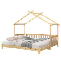 cama de casa extensible para ninos cama individual y doble madera maciza de pino fsc diseno de casa con barandilla de seguridad estructura estable facil de instalar natural 200x90cm