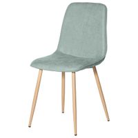 silla tapizada color menta con patas de metal con efecto madera