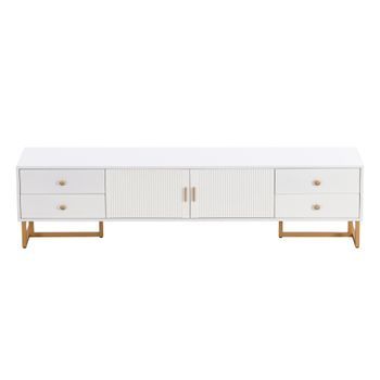 Mueble De Tv Blanco 175 Cm Con 4 Cajones Y Patas Doradas, Mdf