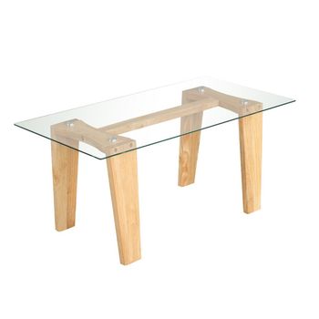 Costway Mesa de Café de Vidrio Mesa Central Rectangular de 100 CM con Patas de Madera de Caucho Sólido Mesa de Cóctel para Sala de Estar Natural