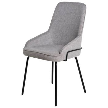 Silla acolchada gris claro con detalles metálicos negros y patas finas