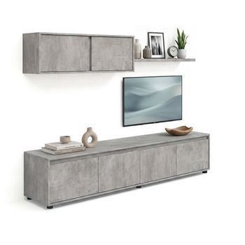 Salón Con Mueble De Tv Y Estantería 200 Cm Arlet Gris Cemento X 43 X 41 Cm