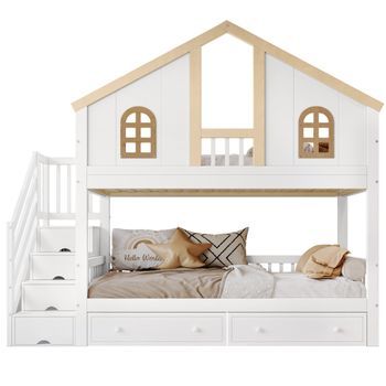 Litera Infantil 90x200 Con Cajones Y Escalera, Madera De Pino, Litera Blanca Y Natural