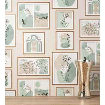 Papel Pintado Lavable Moderno De Cuadros Artísticos Fondo Beige - Mimi 681332 De Gaulan - Rollo De 10 M X 0,53 M