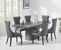 carvelle 200cm dark grey pedestal marble dining table with freya chairs
