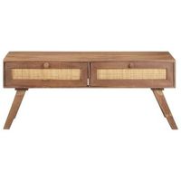 mesa de centro 100x60x40 cm madera maciza de mango con acabado claro y mimbre natural - marron