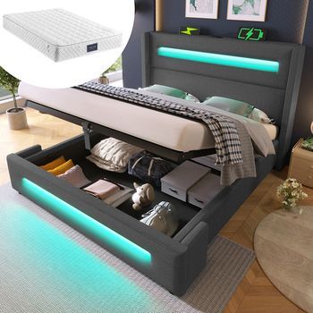 Cama Doble Tapizada 140x200 Cm Para Adolescente Con Led, Espacio De Almacenamiento Hidráulico Y Carga Usb Type-c, Estructura De Cama Metálica Con Listones De Madera, Color Lino Gris (con Colchón)