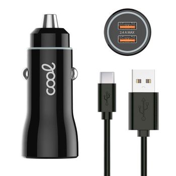 Cool Cargador Coche 2x USB 2.4A Con Cable USB-C Negro