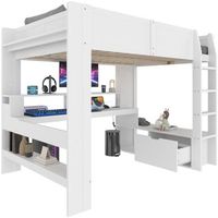 cama alta para juegos de 140x200 cm con escritorio led blanca