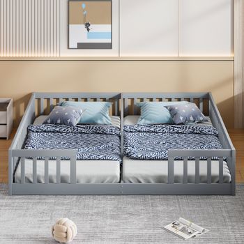 Cama Infantil 90x200 Cm Con Barrera De Seguridad Y Somier De Lamas, De Pino Macizo, Estilo Minimalista, Gris