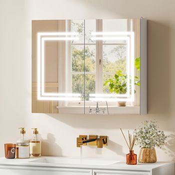 Armario De Baño De Mdf Vidrio Kleankin 80x15x65 Cm Blanco Brillante