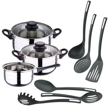 Batería de cocina de acero inox con utensilios de cocina negro