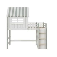 cama alta casita de 90 x 200 cm verde y blanca con escalera de almacenaje