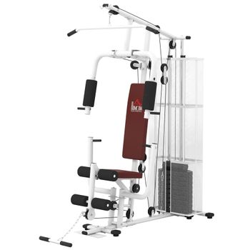 HOMCOM Estación de Fuerza Fitness con Polea de Lat Pull Down Barra de Mariposa 45kg de Pesas Cuerda Aparato de Fitness con Capacidad de hasta 120kg Multifunción Entrenamiento de Fuerza Multiestación Estación de Entrenamiento en Casa Blanco
