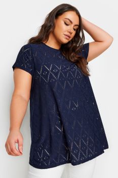 Yours Curve Navy Blue Broderie Anglaise Swing Tshirt, Mujer Curvy Y Tallas Grandes, Yours