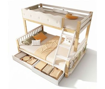 Litera infantil de madera maciza 140x200(90x200) cm,natural+blanco