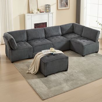 Canapé Modular De 6 Plazas En Chenilla Gris, Con Almacenamiento, Convertible En U/l Y Canapé-cama, Ergonómico