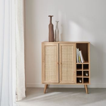 Aparador con portabotellas, mimbre y decoración de madera, 83cm,