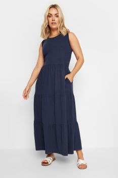 Yours Vestido De Algodón Azul Marino Escalonado Sin Mangas, Mujer Curvy Y Tallas Grandes, Yours