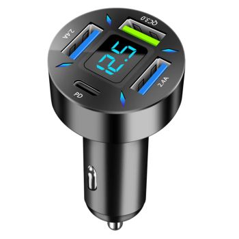 Cargador de coche USB PD de 4 puertos 66W Adaptador de doble carga rápida USB-A PD QC3.0 de 2.4A con LED azul para iPhon