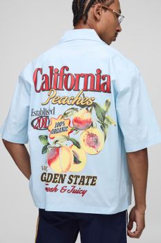 Camisa Oversize Recta Con Solapas Y Estampado De Melocotón, Azul