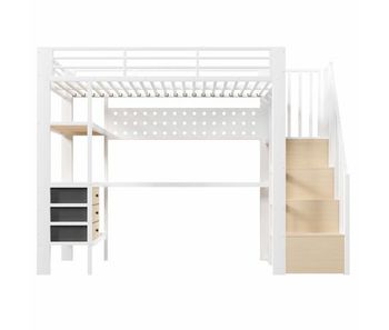 Cama alta 90x200 cm - cama metálica con estante, cajón, panel perforado, escritorio, enchufe y luz led, sin colchón - blanco