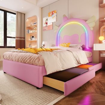 Cama Infantil 90x200 Cm Rosa Con Forma De Unicornio, Luz Multicolor Y Dos Cajones