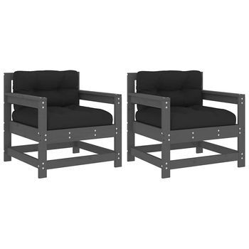 Pack 2 Uds Sillones De Jardín | Silla De Jardín | Silla De Exterior Con Cojines Madera Maciza De Pino Gris