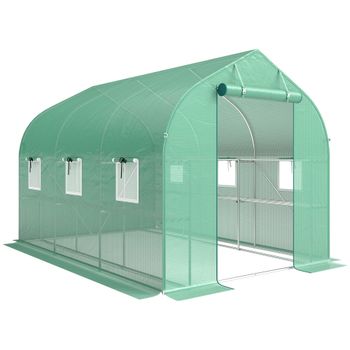 Outsunny Invernadero túnel de jardín 6m², invernadero con estantes, puerta y 6 ventanas, estructura en acero galvanizado, verde   Aosom España