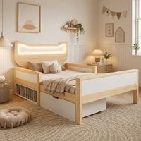 cama infantil de 90 x 190 cm con cabecero de gato luces led rgb y cajon