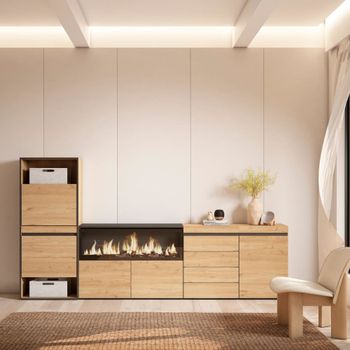 Zapatero efecto madera roble 274x35x145cm chimenea efecto fuego
