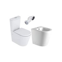 combo inodoro completo redondo  blanco brillo  fondo reducido con cisterna y bidet a suelo  adosado a pared con salida dual
